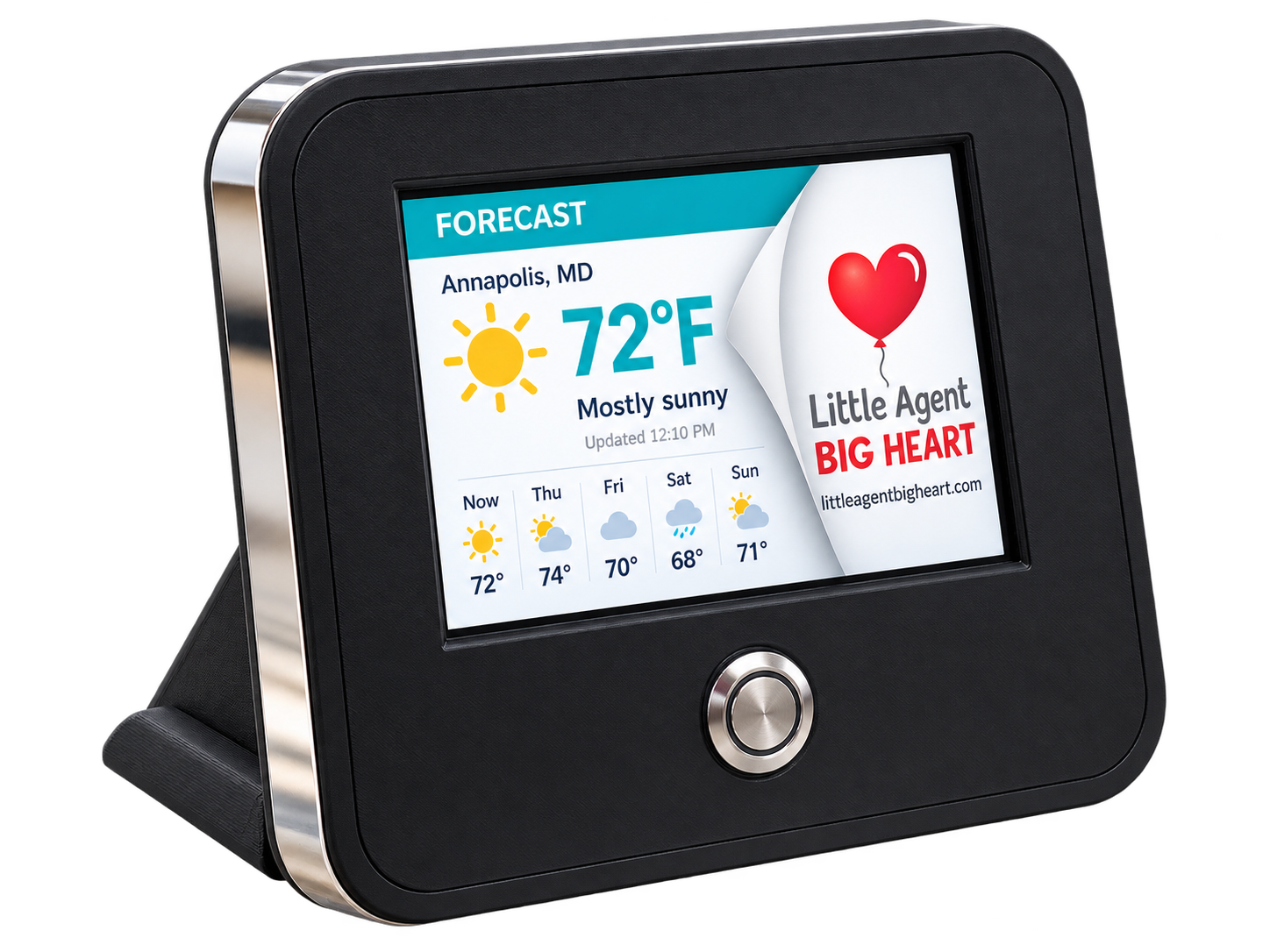 A DiscoverAroundMe display on a counter, showing today's forecast beside a business's own branding